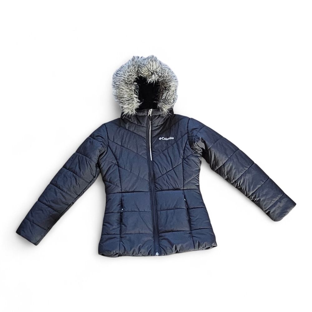 Columbia Navy Puffer Jacket with Faux Fur Hood